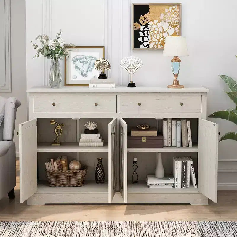 Sideboard Buffet Cabinet, Mid-Century Modern Buffet Cabinet With 2 Storage Drawers And 4 X-Shaped Pattern Doors White
