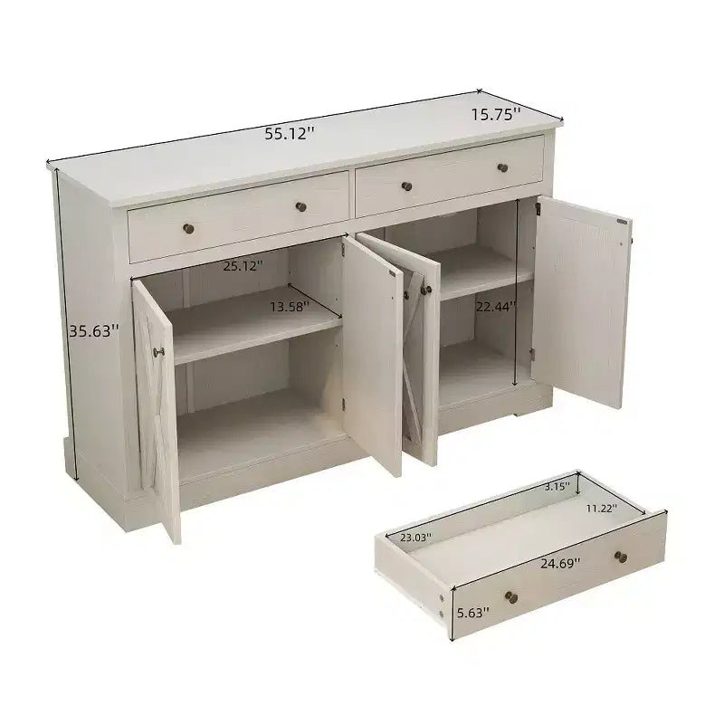 Sideboard Buffet Cabinet, Mid-Century Modern Buffet Cabinet With 2 Storage Drawers And 4 X-Shaped Pattern Doors White