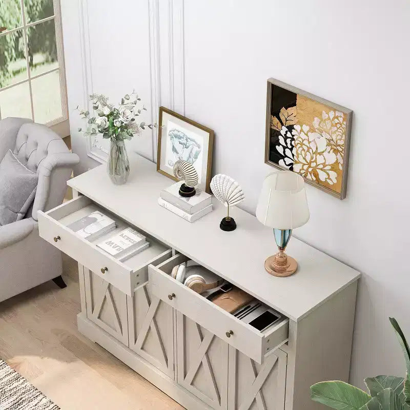 Sideboard Buffet Cabinet, Mid-Century Modern Buffet Cabinet With 2 Storage Drawers And 4 X-Shaped Pattern Doors White