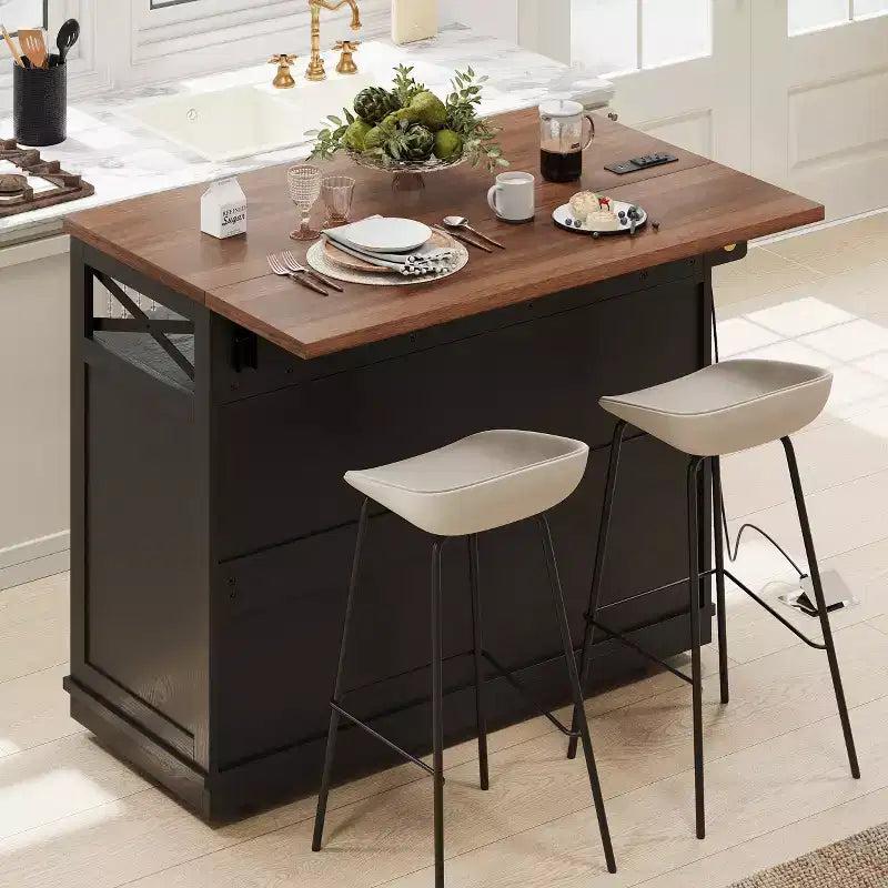 JVNOXK46.5'' Farmhouse Kitchen Island with Drape of Beads,Rolling Kitchen Cart on Wheels with Drop Leaf, 3 Drawers and Internal Iron Shelf, Black