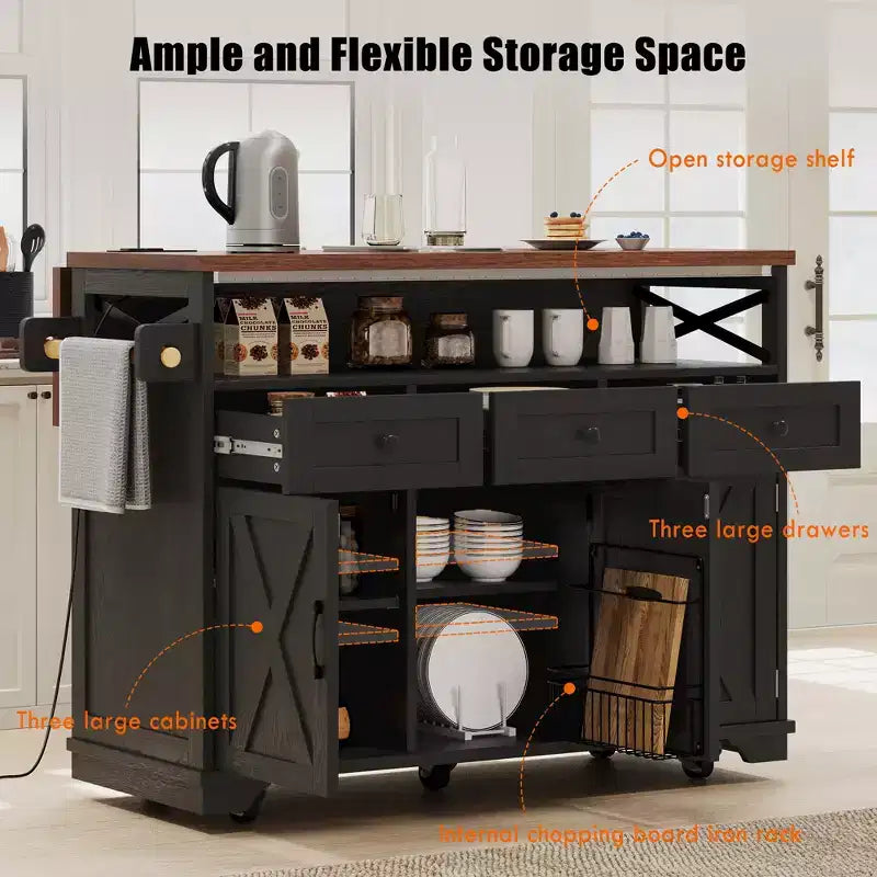 JVNOXK46.5'' Farmhouse Kitchen Island with Drape of Beads,Rolling Kitchen Cart on Wheels with Drop Leaf, 3 Drawers and Internal Iron Shelf, Black