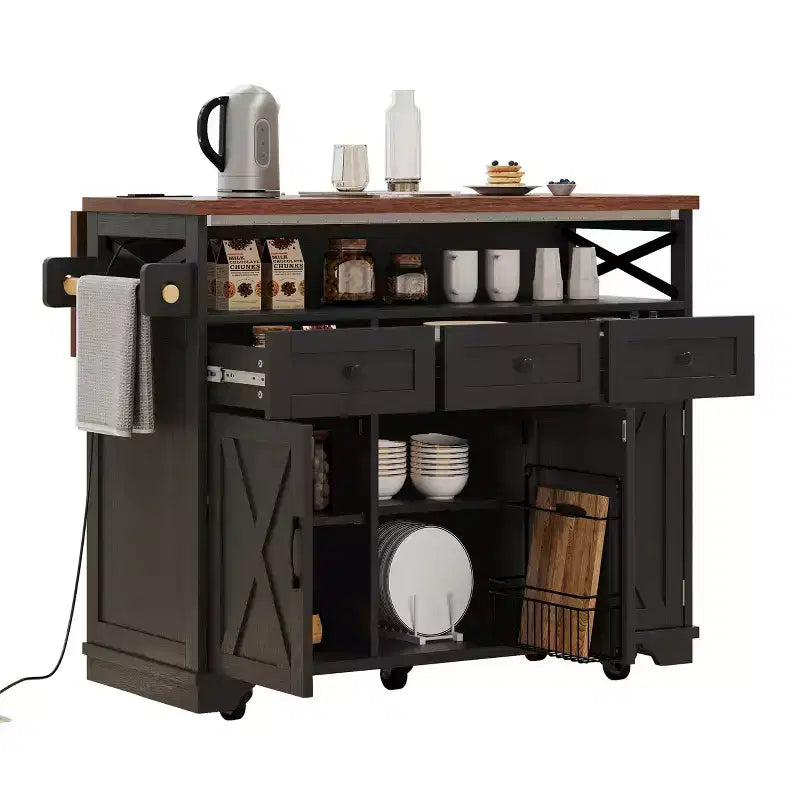 JVNOXK46.5'' Farmhouse Kitchen Island with Drape of Beads,Rolling Kitchen Cart on Wheels with Drop Leaf, 3 Drawers and Internal Iron Shelf, Black