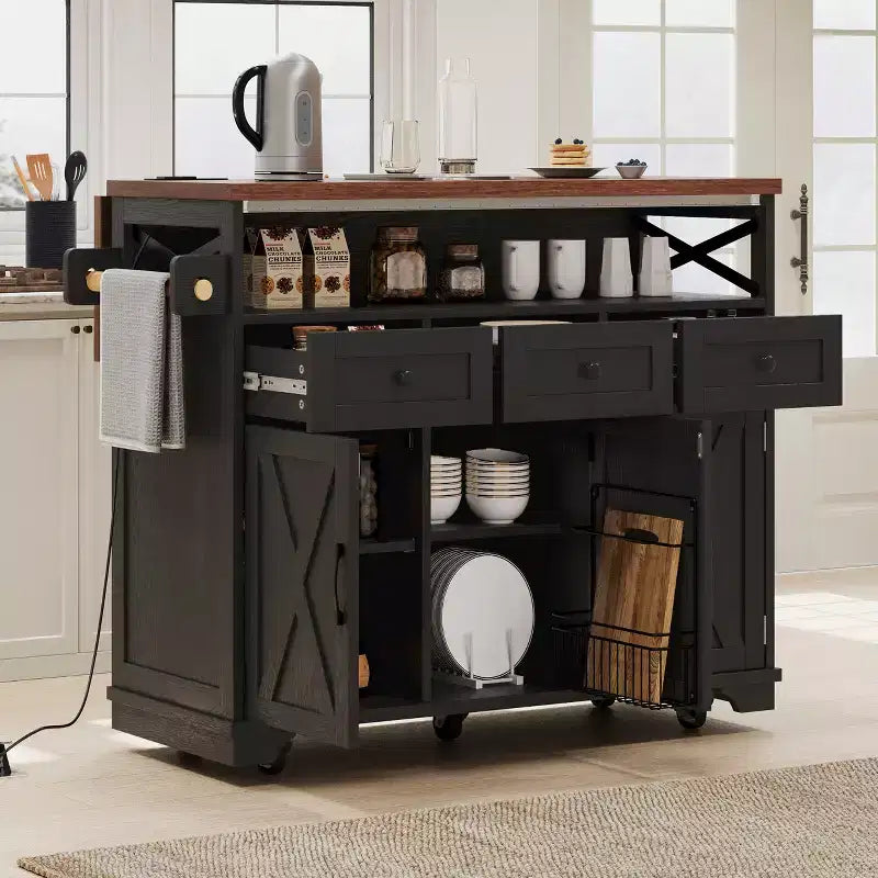 JVNOXK46.5'' Farmhouse Kitchen Island with Drape of Beads,Rolling Kitchen Cart on Wheels with Drop Leaf, 3 Drawers and Internal Iron Shelf, Black