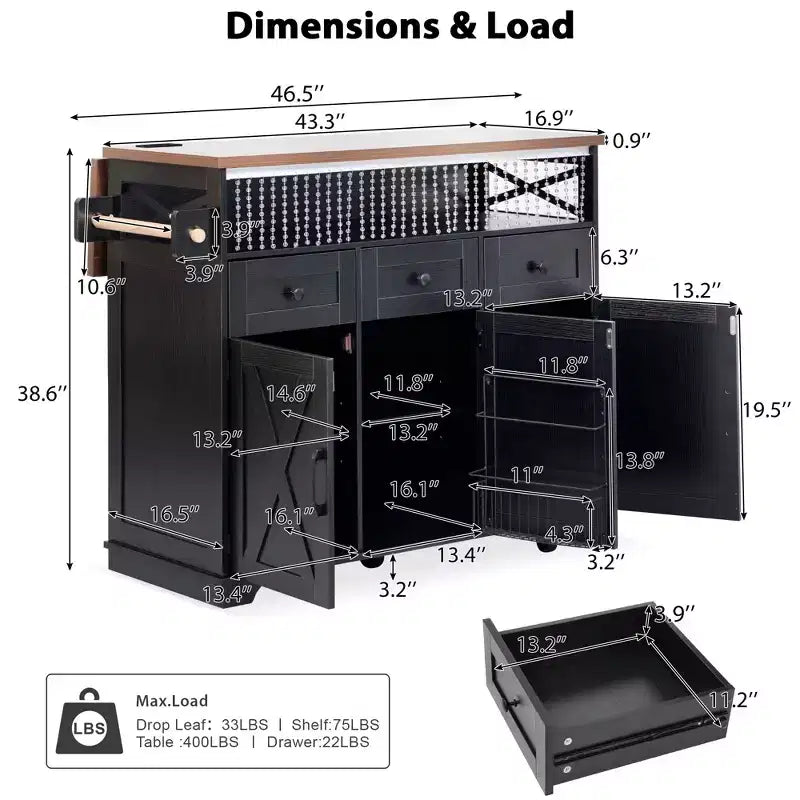 JVNOXK46.5'' Farmhouse Kitchen Island with Drape of Beads,Rolling Kitchen Cart on Wheels with Drop Leaf, 3 Drawers and Internal Iron Shelf, Black