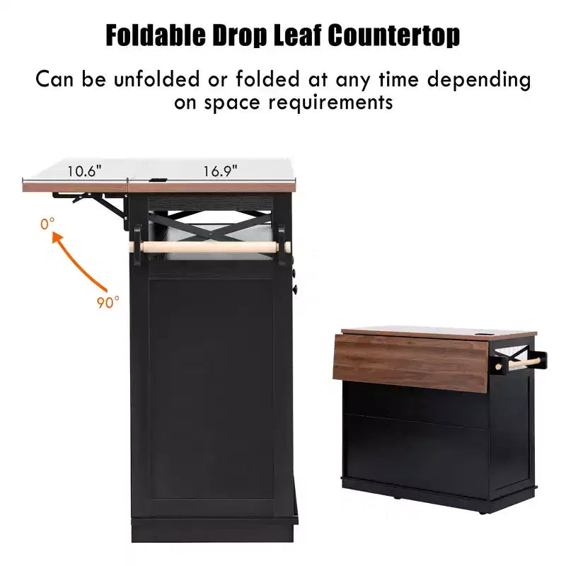 JVNOXK46.5'' Farmhouse Kitchen Island with Drape of Beads,Rolling Kitchen Cart on Wheels with Drop Leaf, 3 Drawers and Internal Iron Shelf, Black