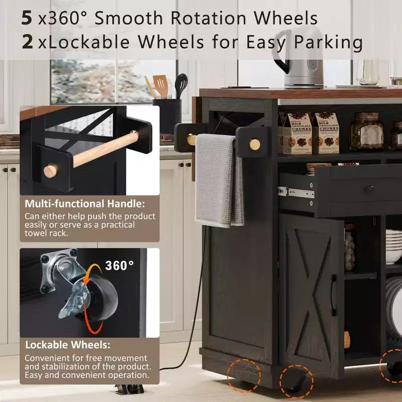 JVNOXK46.5'' Farmhouse Kitchen Island with Drape of Beads,Rolling Kitchen Cart on Wheels with Drop Leaf, 3 Drawers and Internal Iron Shelf, Black