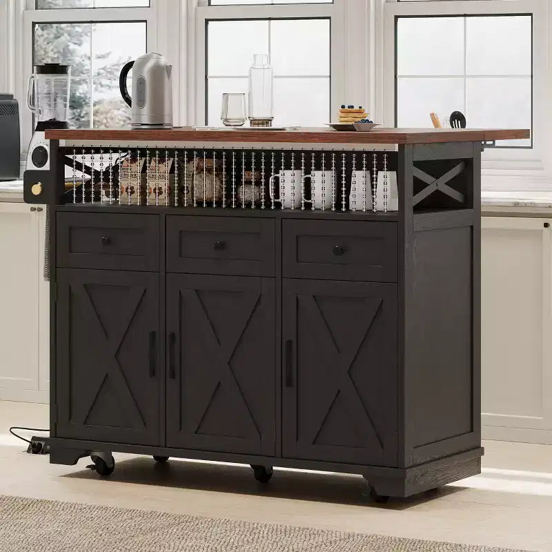 JVNOXK46.5'' Farmhouse Kitchen Island with Drape of Beads,Rolling Kitchen Cart on Wheels with Drop Leaf, 3 Drawers and Internal Iron Shelf, Black