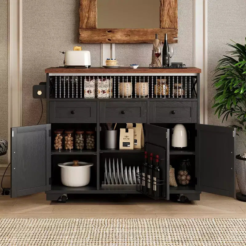 JVNOXK46.5'' Farmhouse Kitchen Island with Drape of Beads,Rolling Kitchen Cart on Wheels with Drop Leaf, 3 Drawers and Internal Iron Shelf, Black