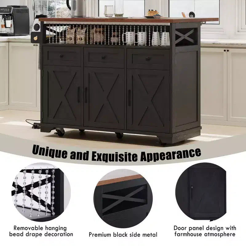 JVNOXK46.5'' Farmhouse Kitchen Island with Drape of Beads,Rolling Kitchen Cart on Wheels with Drop Leaf, 3 Drawers and Internal Iron Shelf, Black