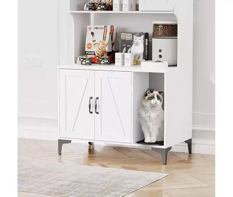 Cat Litter Box Enclosure with Shelves & Doors, Sturdy Wood Hidden Litter Box Furniture, Multi-Functional Cat House Cabinet, Storage Organizer
