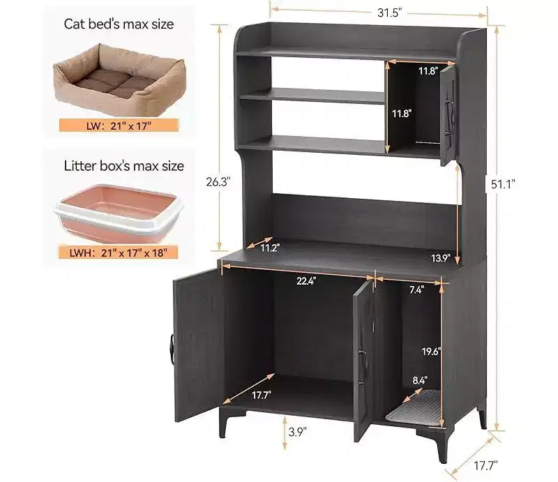 Cat Litter Box Enclosure with Shelves & Doors, Sturdy Wood Hidden Litter Box Furniture, Multi-Functional Cat House Cabinet, Storage Organizer