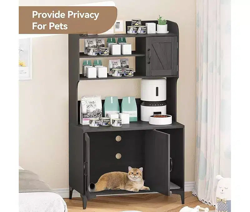 Cat Litter Box Enclosure with Shelves & Doors, Sturdy Wood Hidden Litter Box Furniture, Multi-Functional Cat House Cabinet, Storage Organizer