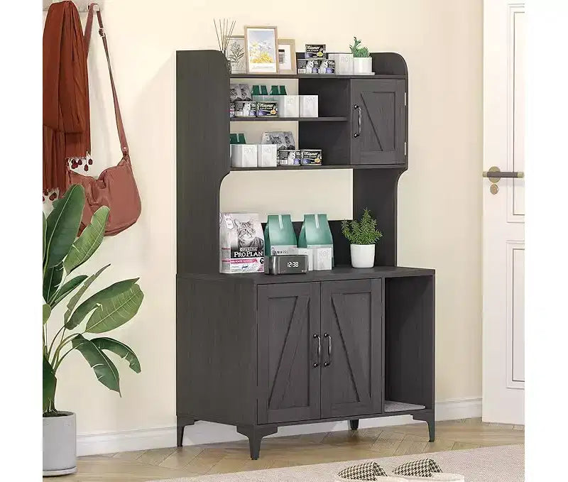 Cat Litter Box Enclosure with Shelves & Doors, Sturdy Wood Hidden Litter Box Furniture, Multi-Functional Cat House Cabinet, Storage Organizer
