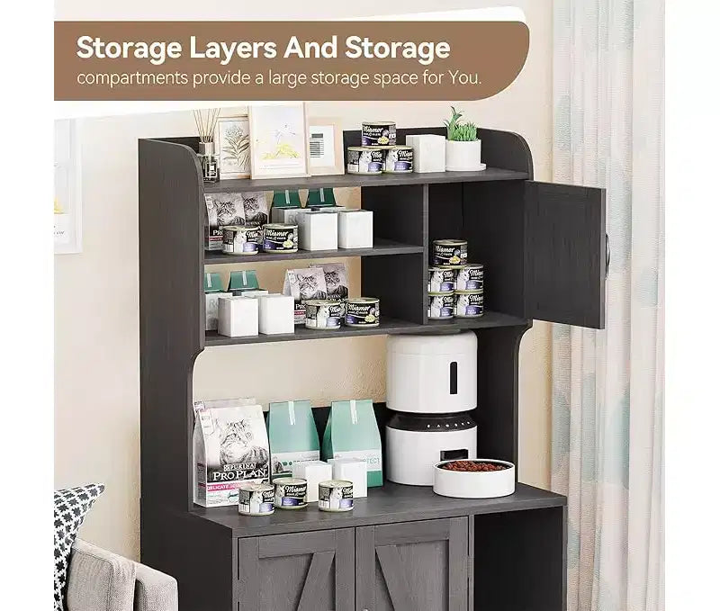 Cat Litter Box Enclosure with Shelves & Doors, Sturdy Wood Hidden Litter Box Furniture, Multi-Functional Cat House Cabinet, Storage Organizer