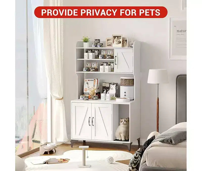 Cat Litter Box Enclosure with Shelves & Doors, Sturdy Wood Hidden Litter Box Furniture, Multi-Functional Cat House Cabinet, Storage Organizer