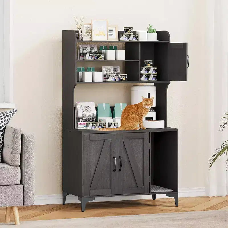 Cat Litter Box Enclosure with Shelves & Doors, Sturdy Wood Hidden Litter Box Furniture, Multi-Functional Cat House Cabinet, Storage Organizer