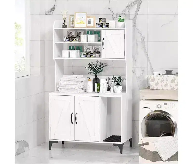Cat Litter Box Enclosure with Shelves & Doors, Sturdy Wood Hidden Litter Box Furniture, Multi-Functional Cat House Cabinet, Storage Organizer