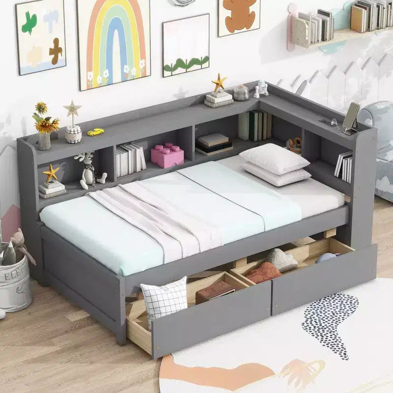 Twin Size L-shaped Bookcases Bed with Power Outlets Two Drawers,Grey Twin Size L-shaped Bookcases Bed with Power Outlets Two Drawers,Grey