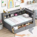 Twin Size L-shaped Bookcases Bed with Power Outlets Two Drawers,Grey Twin Size L-shaped Bookcases Bed with Power Outlets Two Drawers,Grey