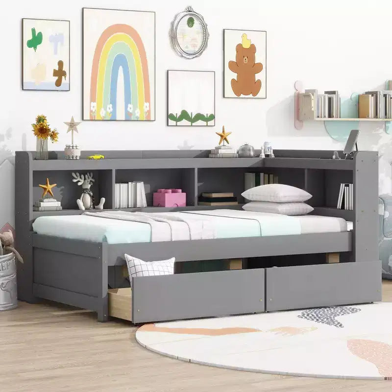 Twin Size L-shaped Bookcases Bed with Power Outlets Two Drawers,Grey Twin Size L-shaped Bookcases Bed with Power Outlets Two Drawers,Grey