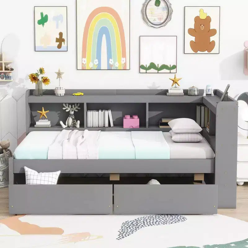 Twin Size L-shaped Bookcases Bed with Power Outlets Two Drawers,Grey Twin Size L-shaped Bookcases Bed with Power Outlets Two Drawers,Grey