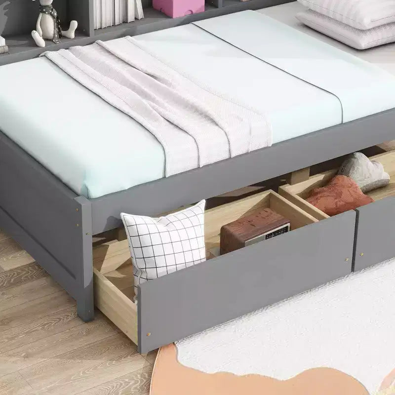 Twin Size L-shaped Bookcases Bed with Power Outlets Two Drawers,Grey Twin Size L-shaped Bookcases Bed with Power Outlets Two Drawers,Grey
