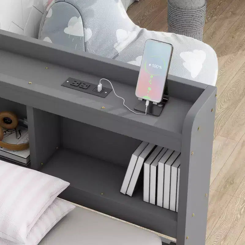 Twin Size L-shaped Bookcases Bed with Power Outlets Two Drawers,Grey Twin Size L-shaped Bookcases Bed with Power Outlets Two Drawers,Grey
