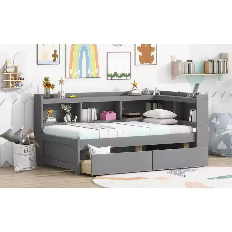 Twin Size L-shaped Bookcases Bed with Power Outlets Two Drawers,Grey Twin Size L-shaped Bookcases Bed with Power Outlets Two Drawers,Grey