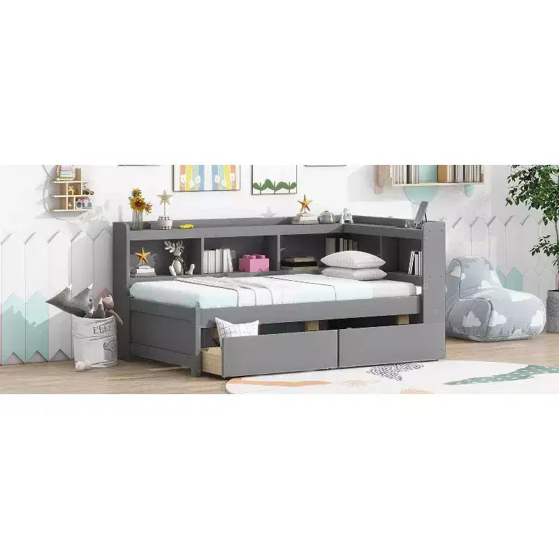 Twin Size L-shaped Bookcases Bed with Power Outlets Two Drawers,Grey Twin Size L-shaped Bookcases Bed with Power Outlets Two Drawers,Grey