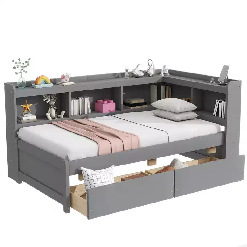 Twin Size L-shaped Bookcases Bed with Power Outlets Two Drawers,Grey Twin Size L-shaped Bookcases Bed with Power Outlets Two Drawers,Grey