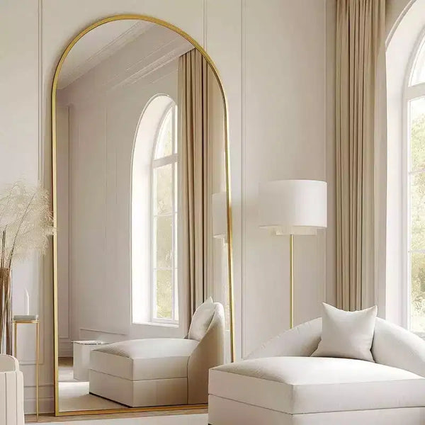 70x26 Gold Arched Mirror with Stand & Aluminum Frame. Modern Full Body Mirror for Floor or Wall Use