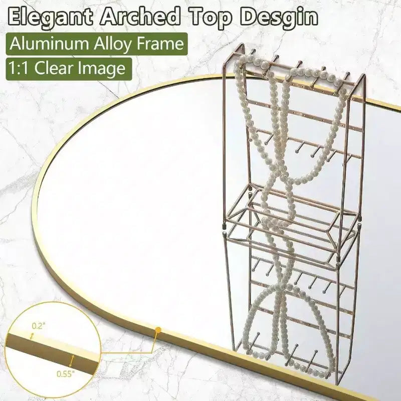 70x26 Gold Arched Mirror with Stand & Aluminum Frame. Modern Full Body Mirror for Floor or Wall Use