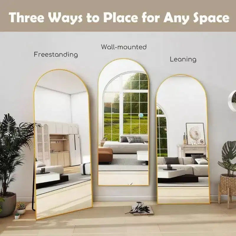 70x26 Gold Arched Mirror with Stand & Aluminum Frame. Modern Full Body Mirror for Floor or Wall Use