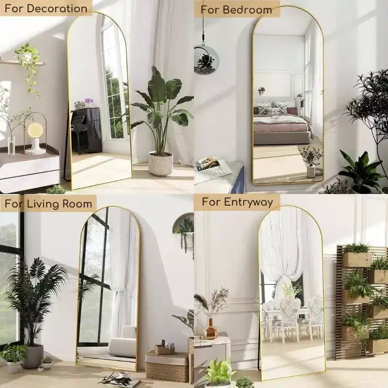 70x26 Gold Arched Mirror with Stand & Aluminum Frame. Modern Full Body Mirror for Floor or Wall Use