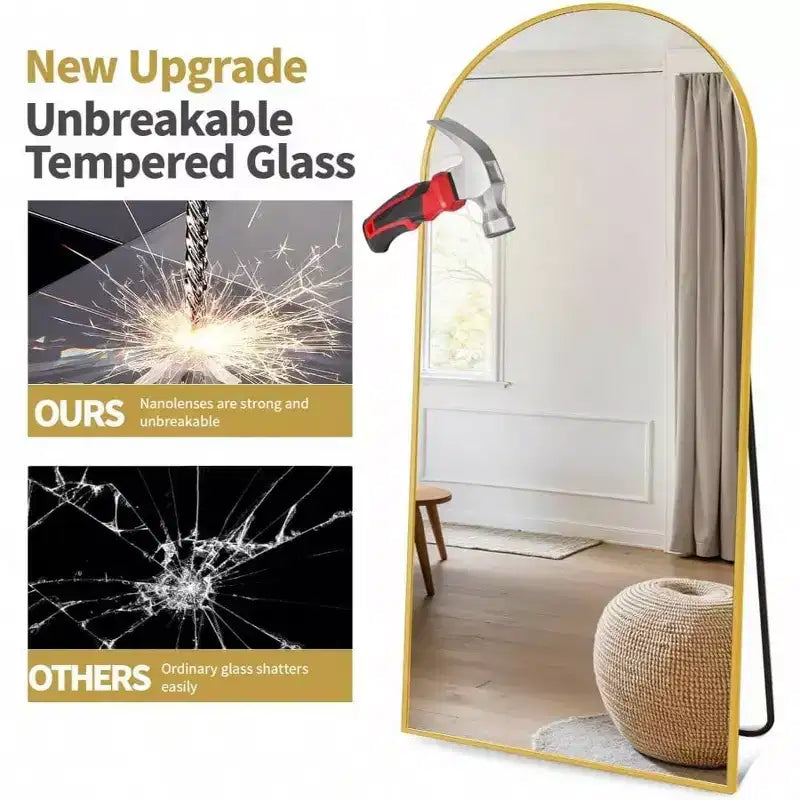 70x26 Gold Arched Mirror with Stand & Aluminum Frame. Modern Full Body Mirror for Floor or Wall Use