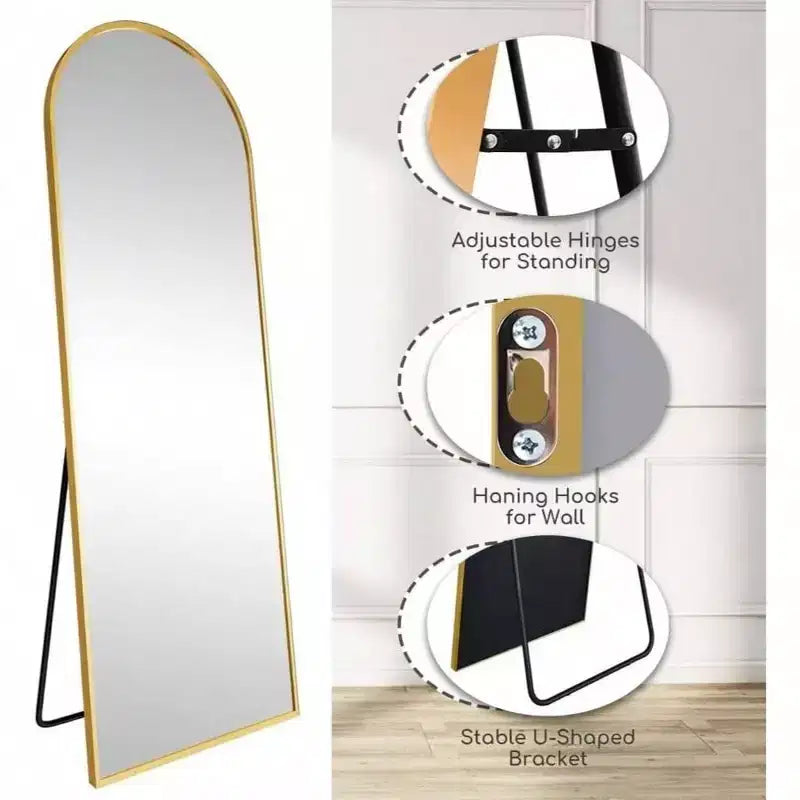 70x26 Gold Arched Mirror with Stand & Aluminum Frame. Modern Full Body Mirror for Floor or Wall Use