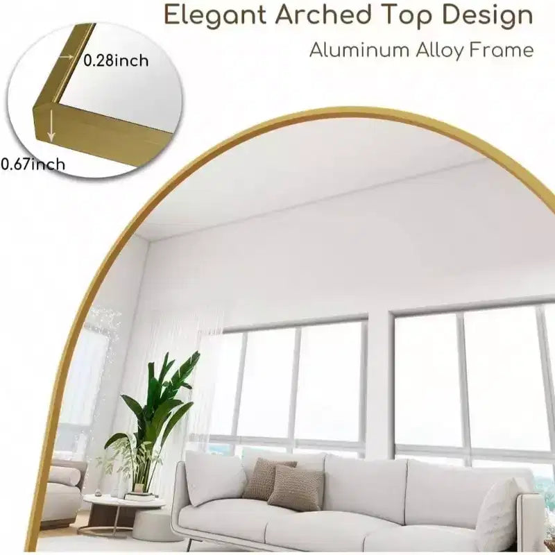 70x26 Gold Arched Mirror with Stand & Aluminum Frame. Modern Full Body Mirror for Floor or Wall Use