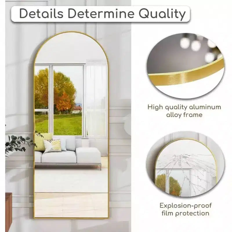 70x26 Gold Arched Mirror with Stand & Aluminum Frame. Modern Full Body Mirror for Floor or Wall Use
