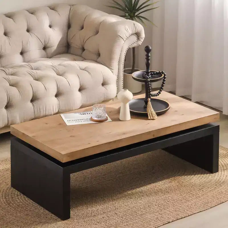 TUYOHW 47.6 Modern Industrial Coffee Table,Wooden Center Table for Living Room,Rectangular Cocktail Table with 2-Tier Floating Top