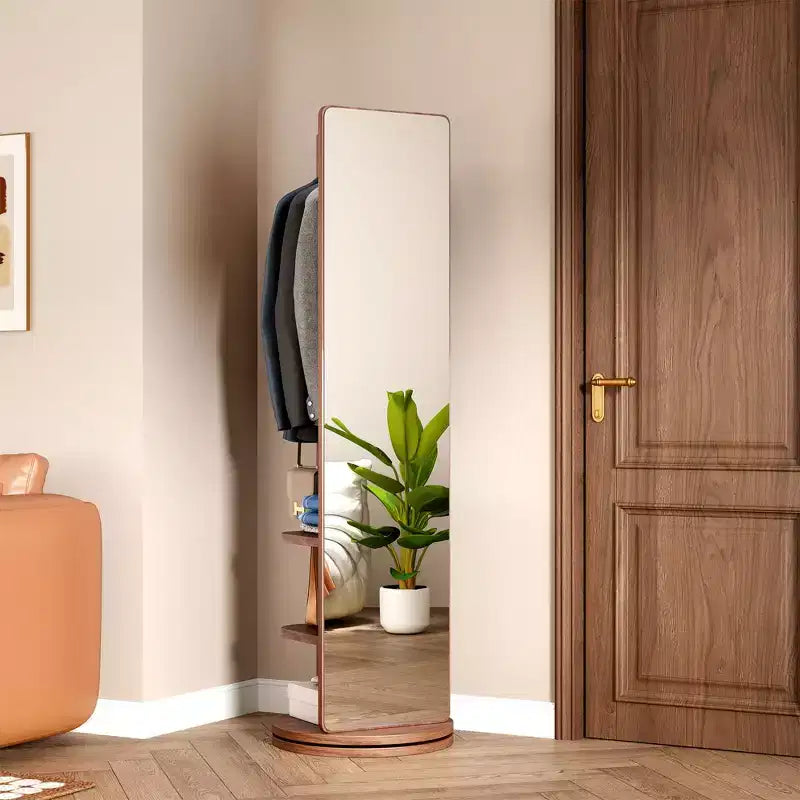 360 Rotating 66x14 Multifunctional Full Length Mirror with Hook Storage Rack Coat Rack with Mirror Solid Wood Floor Mirror Bedroom Space Saving