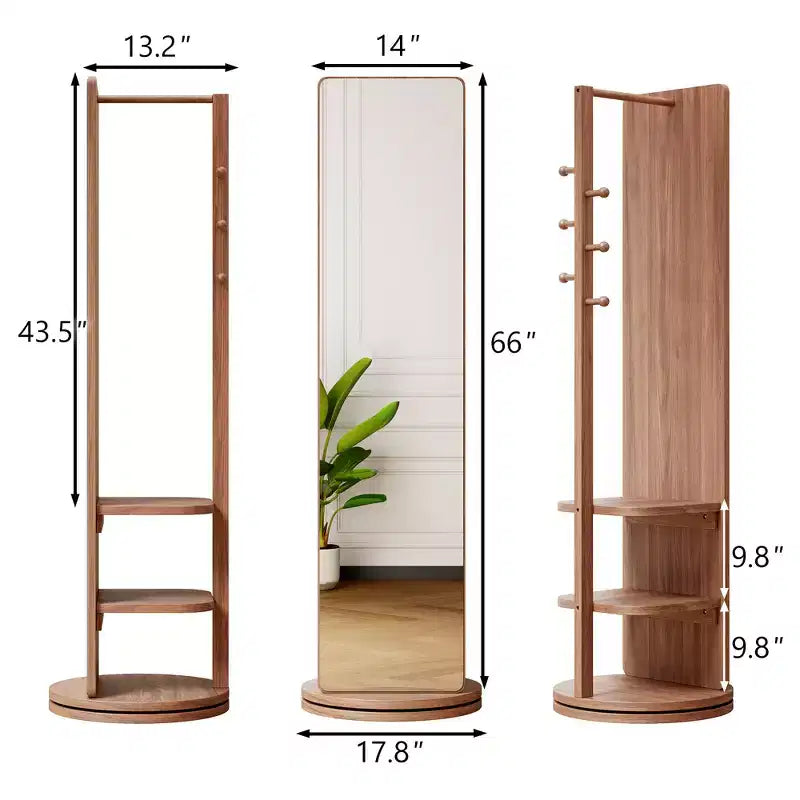 360 Rotating 66x14 Multifunctional Full Length Mirror with Hook Storage Rack Coat Rack with Mirror Solid Wood Floor Mirror Bedroom Space Saving