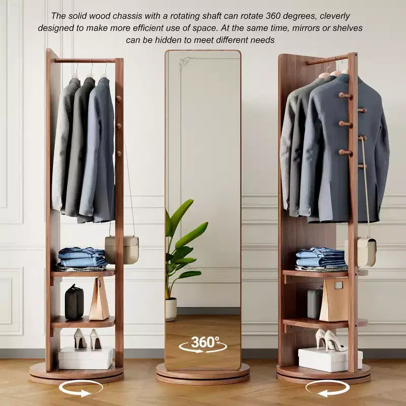 360 Rotating 66x14 Multifunctional Full Length Mirror with Hook Storage Rack Coat Rack with Mirror Solid Wood Floor Mirror Bedroom Space Saving