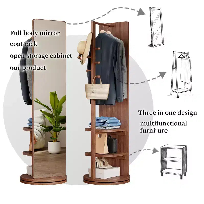 360 Rotating 66x14 Multifunctional Full Length Mirror with Hook Storage Rack Coat Rack with Mirror Solid Wood Floor Mirror Bedroom Space Saving