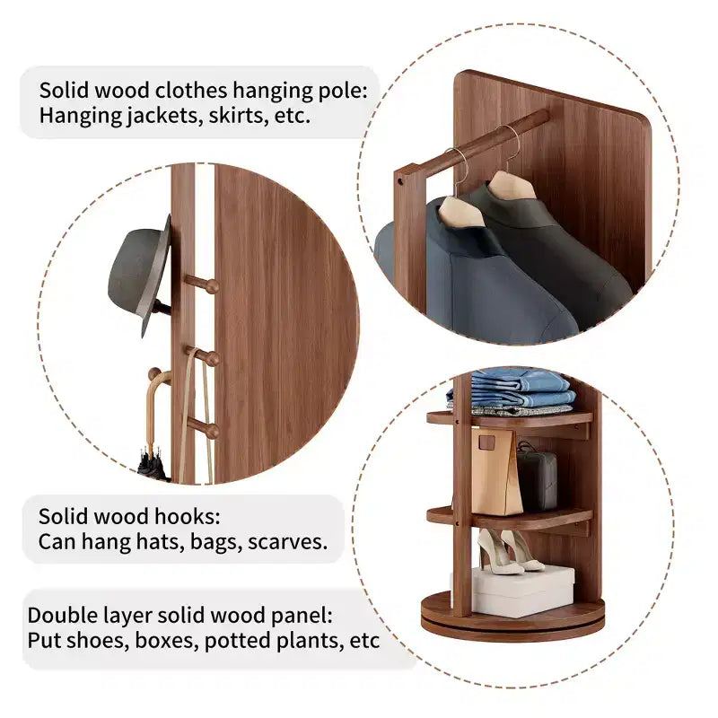 360 Rotating 66x14 Multifunctional Full Length Mirror with Hook Storage Rack Coat Rack with Mirror Solid Wood Floor Mirror Bedroom Space Saving
