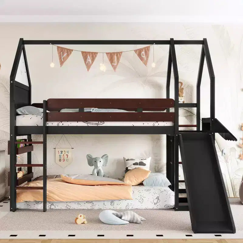 Twin/Full Size Loft Bed with Slide, Bookshelf & Safety Rails, Child-Friendly House Bunk Bed Frame, Starry Moon Design - ModernLuxe
