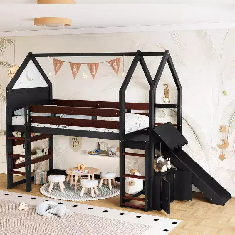 Twin/Full Size Loft Bed with Slide, Bookshelf & Safety Rails, Child-Friendly House Bunk Bed Frame, Starry Moon Design - ModernLuxe