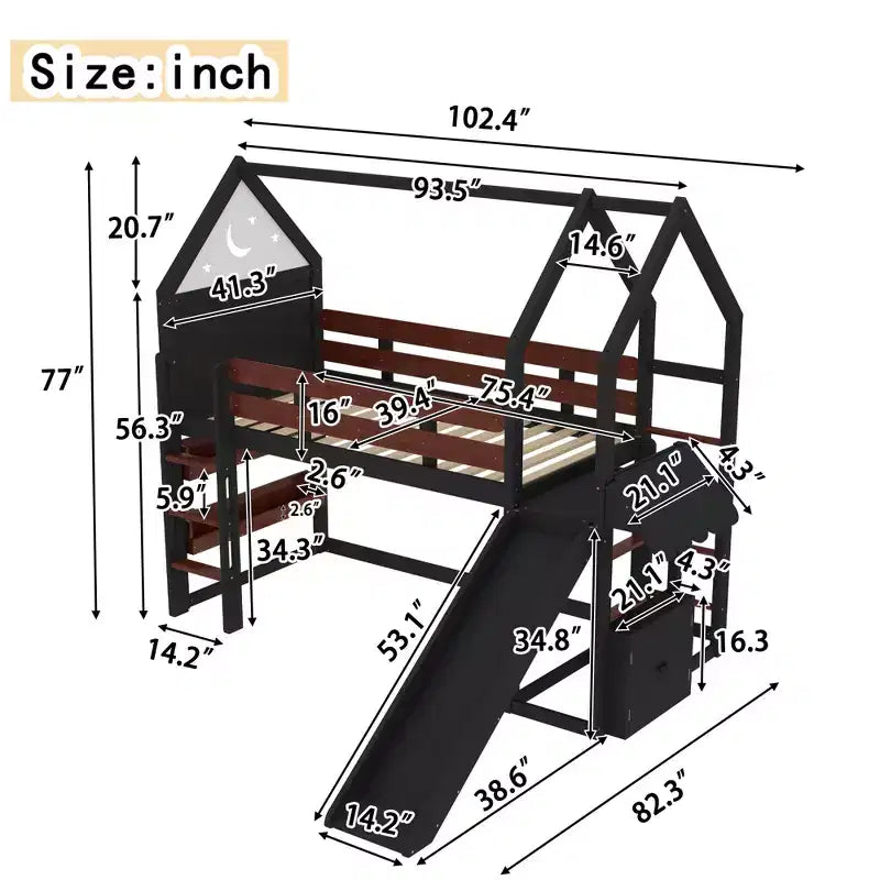 Twin/Full Size Loft Bed with Slide, Bookshelf & Safety Rails, Child-Friendly House Bunk Bed Frame, Starry Moon Design - ModernLuxe