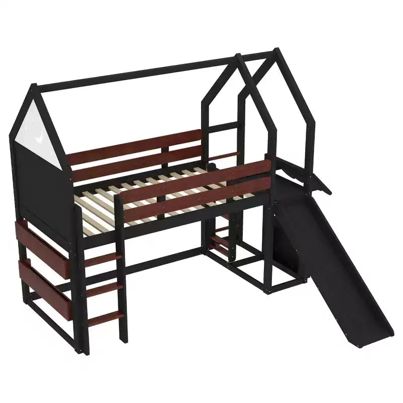 Twin/Full Size Loft Bed with Slide, Bookshelf & Safety Rails, Child-Friendly House Bunk Bed Frame, Starry Moon Design - ModernLuxe