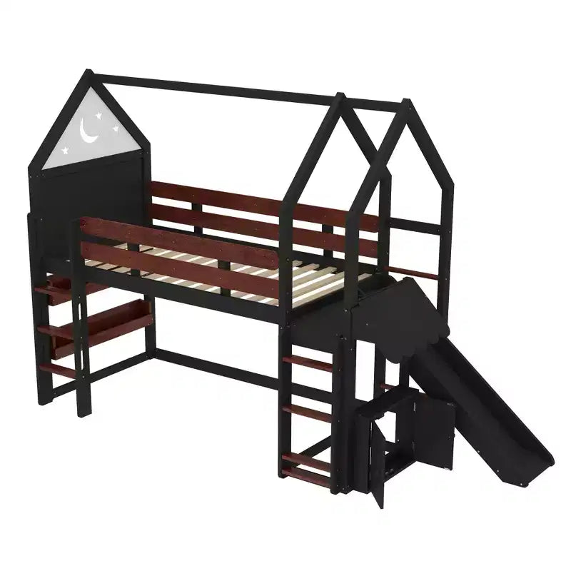 Twin/Full Size Loft Bed with Slide, Bookshelf & Safety Rails, Child-Friendly House Bunk Bed Frame, Starry Moon Design - ModernLuxe