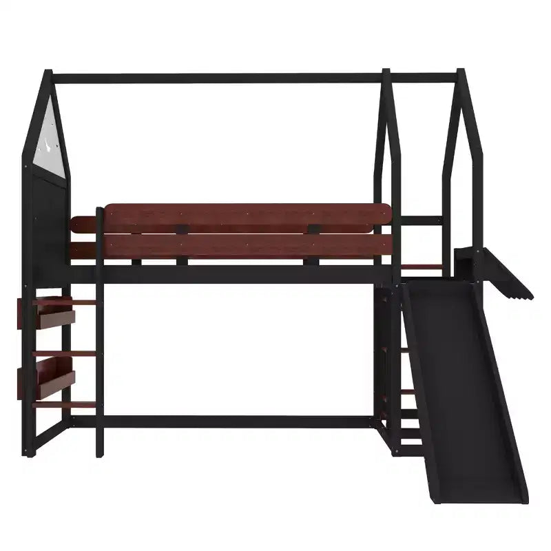 Twin/Full Size Loft Bed with Slide, Bookshelf & Safety Rails, Child-Friendly House Bunk Bed Frame, Starry Moon Design - ModernLuxe